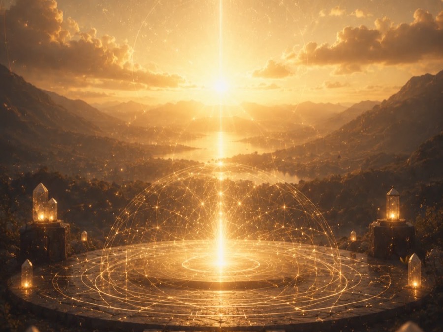 Siluetă în poziție de meditație cu o rază verticală de lumină prin creștet și inimă, simbol pentru recalibrare energetică
