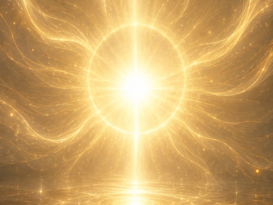 Siluetă cu brațele deschise, înconjurată de valuri de lumină aurie, simbol pentru transformare prin Lumina Divină